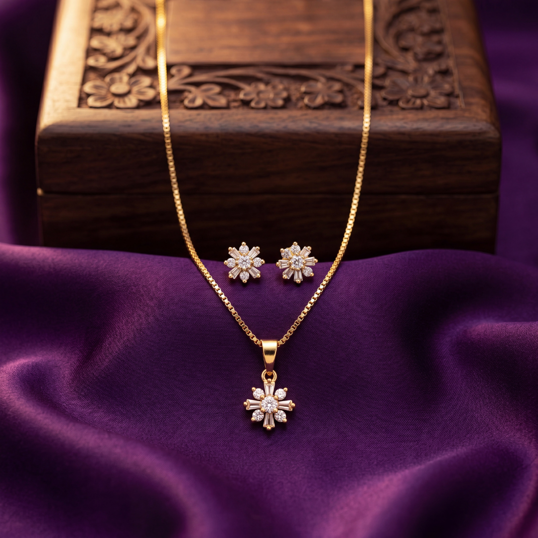Baguette Sunburst Blossom Necklace and Earrings Set