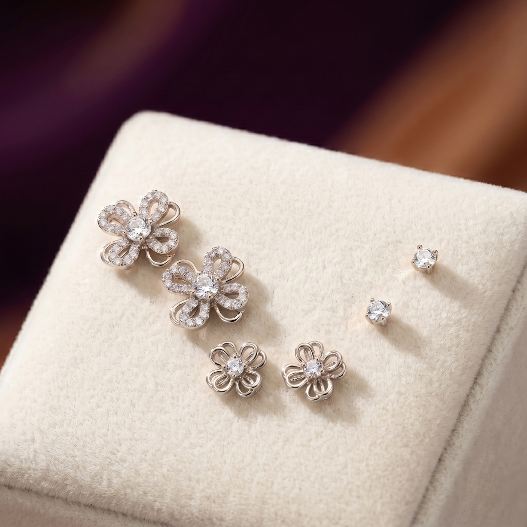 Silver Petal Multi-Piercing Women's Earring Set