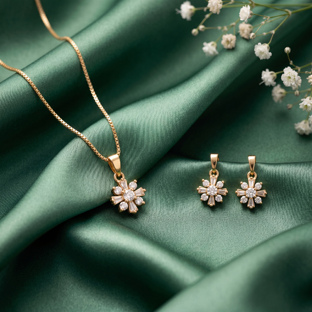 Baguette Sunburst Blossom Necklace and Earrings Set