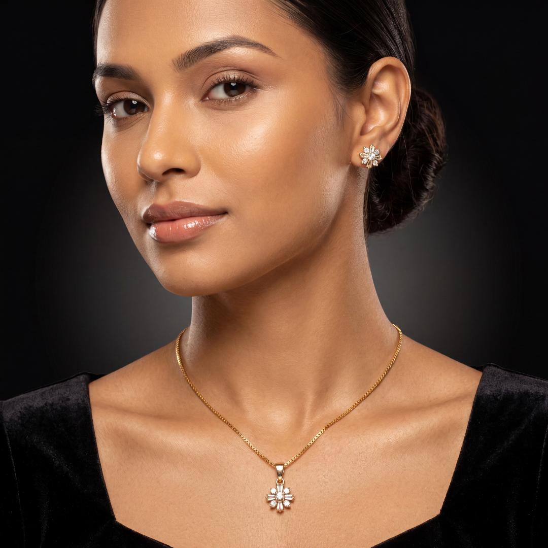Baguette Sunburst Blossom Necklace and Earrings Set