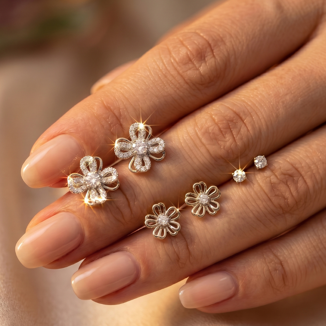 Silver Petal Multi-Piercing Women's Earring Set
