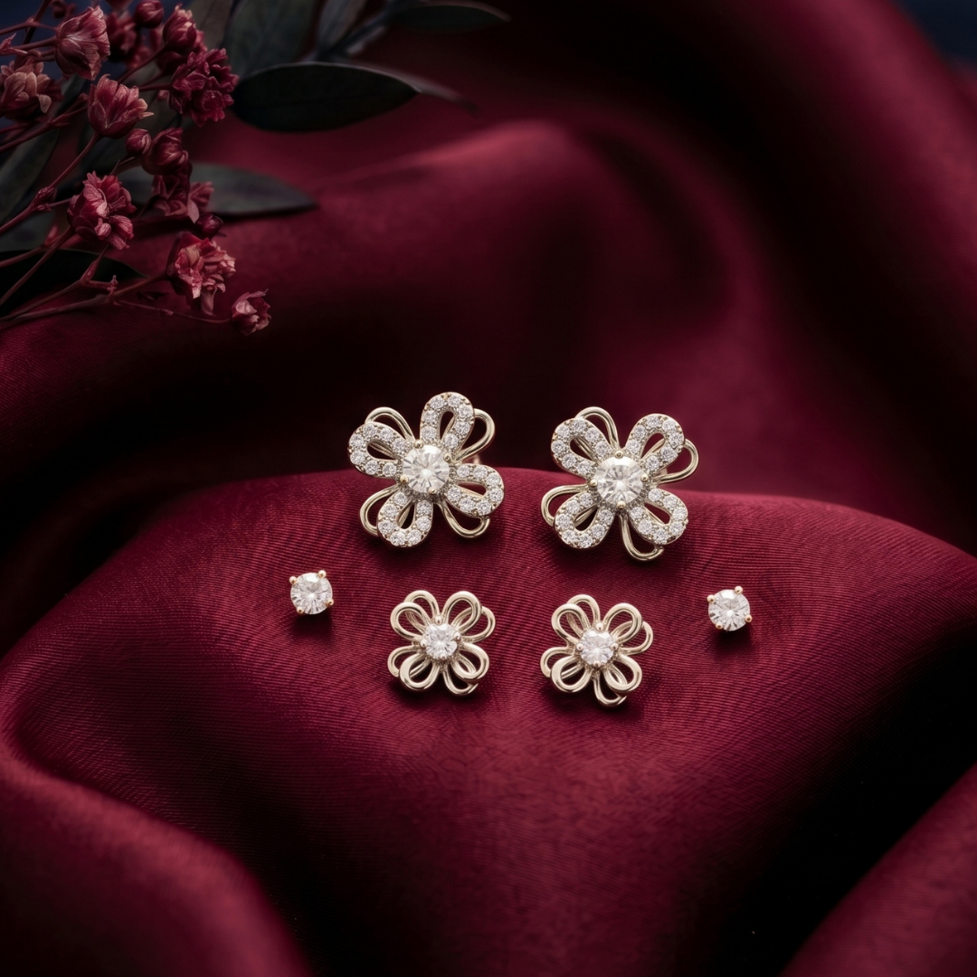 Silver Petal Multi-Piercing Women's Earring Set