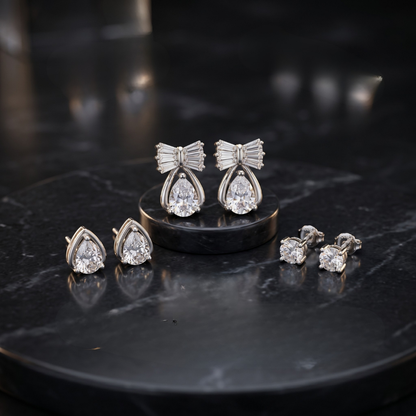 Silver Prism Bow Multi-Piercing Women's Earring Set