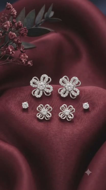 Silver Petal Multi-Piercing Women's Earring Set